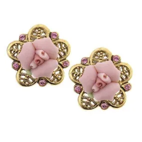 1928 Bridal Pink Crystal And Porcelain Rose Filigree Button Earrings