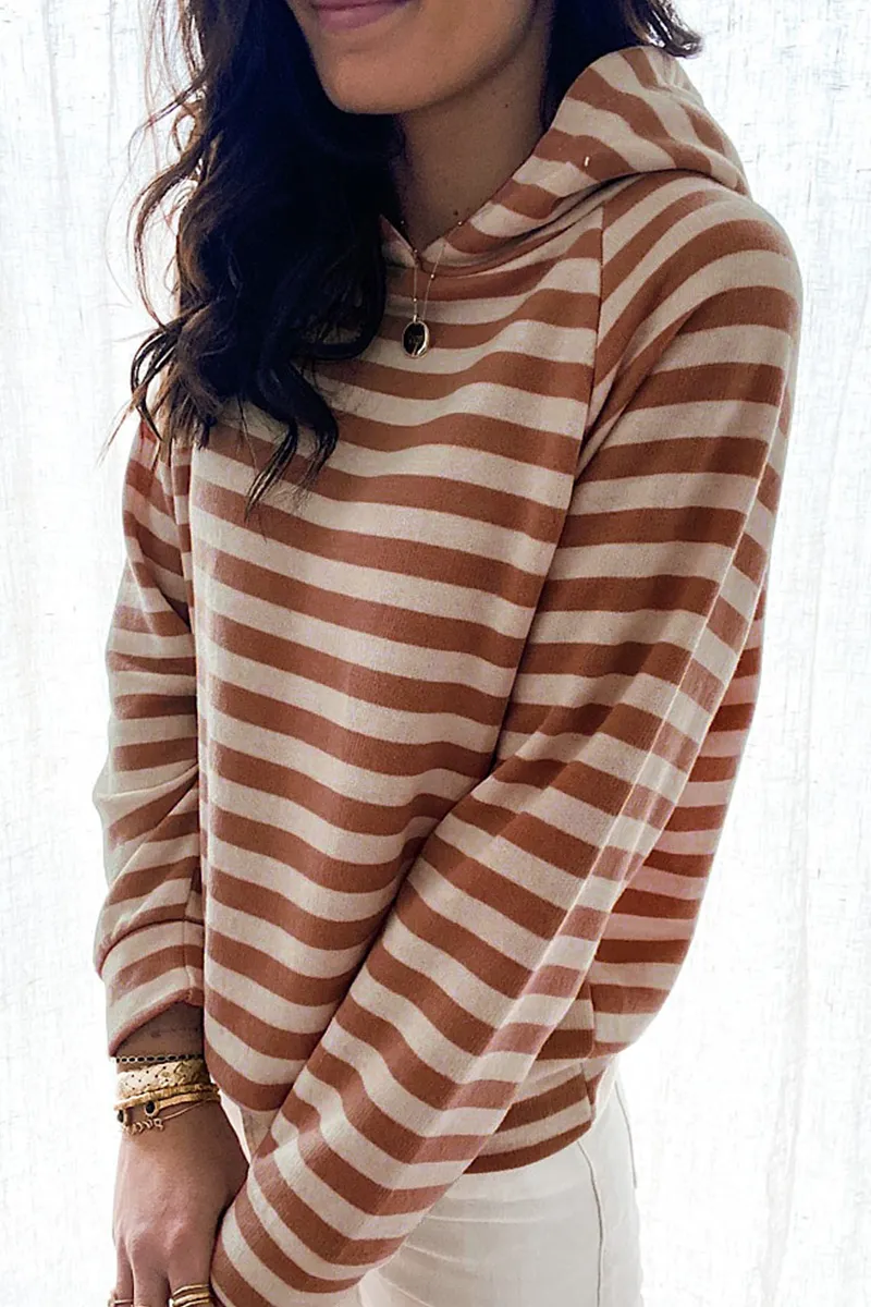 Casual Striped Patchwork Hooded Collar Tops(3 colors)