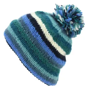 Chunky Wool Knit Beanie Bobble Hat - Stripe Blue White