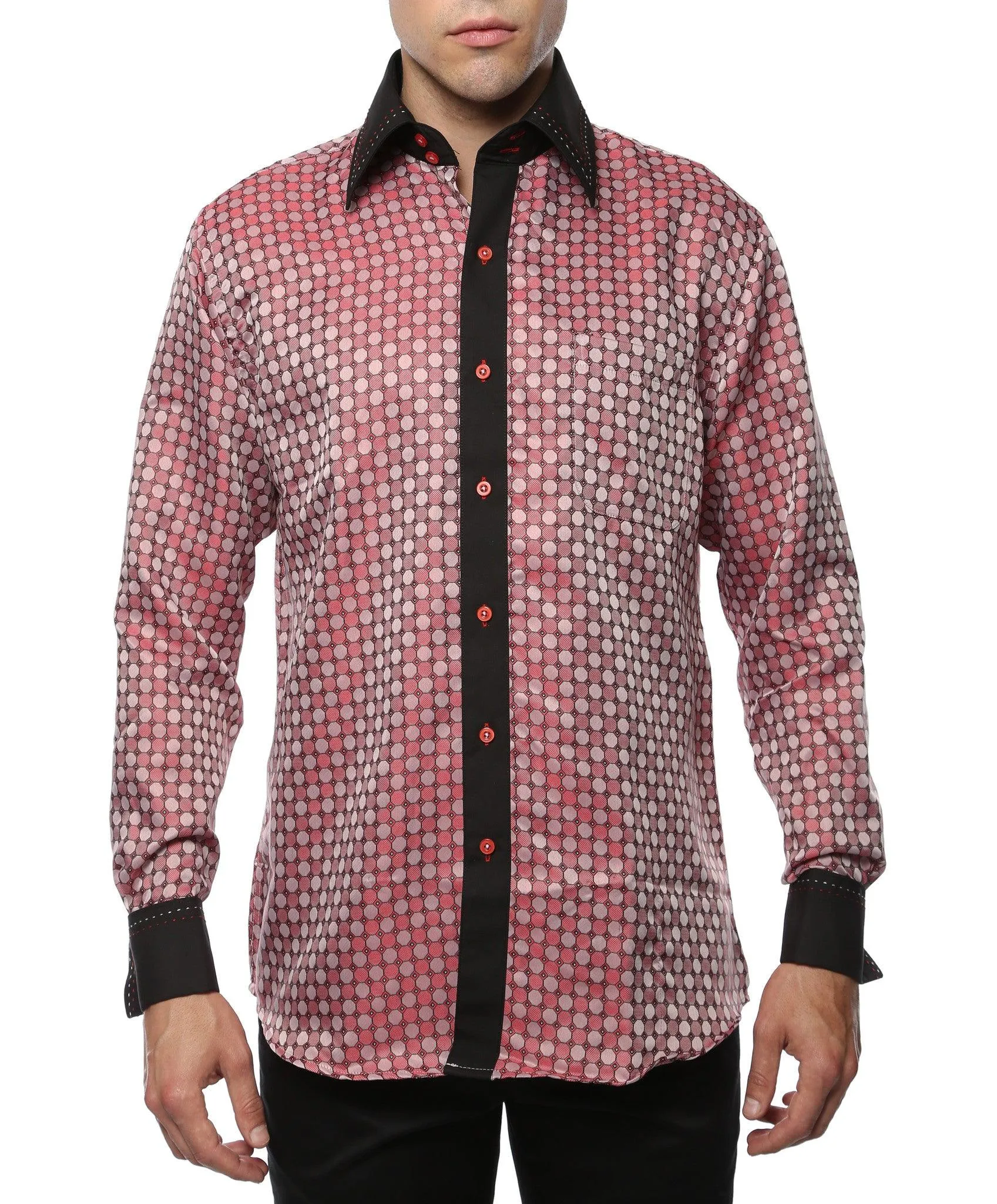 Ferrecci Men's Satine Hi-1028 Red & Black Circular Pattern Button Down Dress Shirt