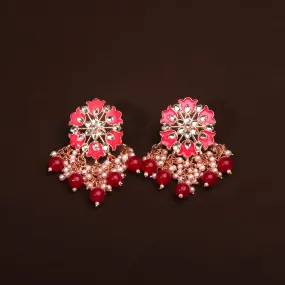 Gorgerous Pink Floral Earring With Hanging Pearls and Beads Earring For Women