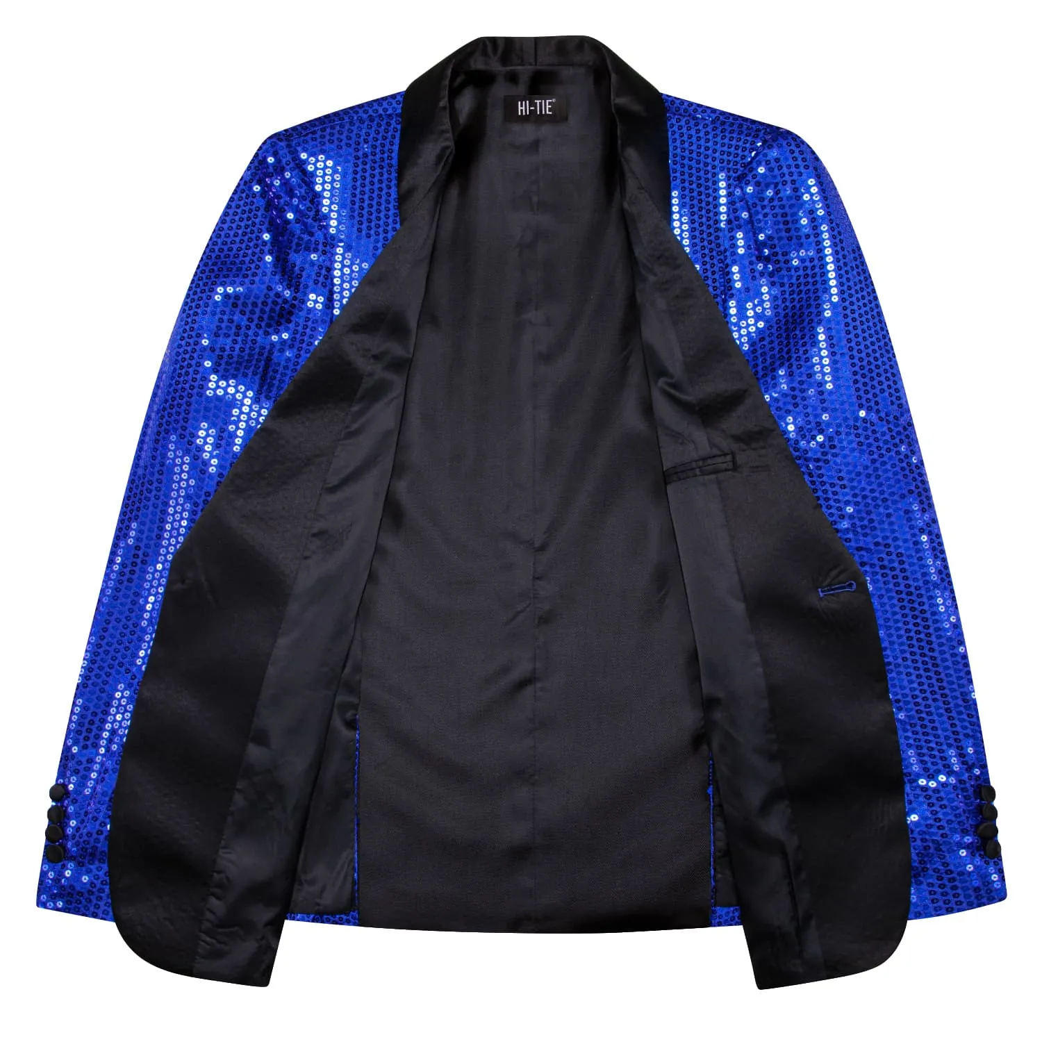 Hi-Tie Sequin Blazer Black Shawl Collar Blue Solid Suit Tie Set