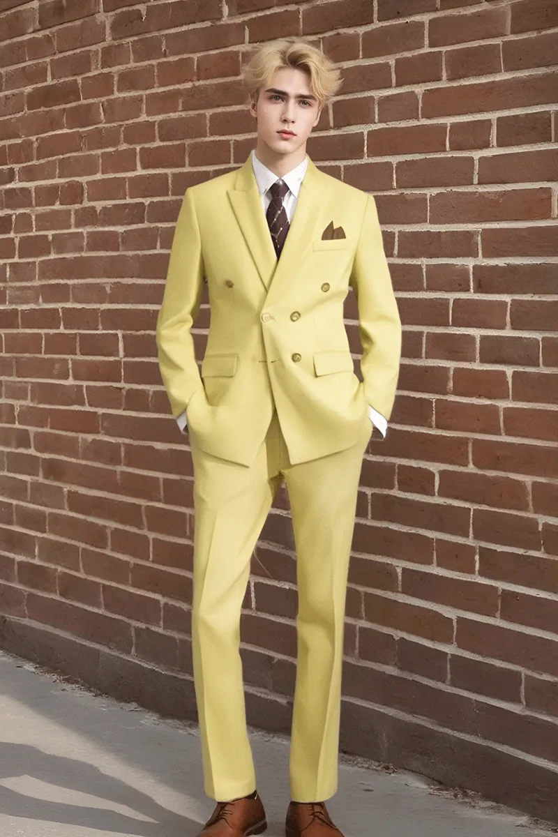 Light Yellow Slim fit 2 piece Double Breasted Suit