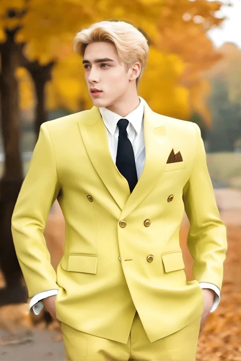 Light Yellow Slim fit 2 piece Double Breasted Suit