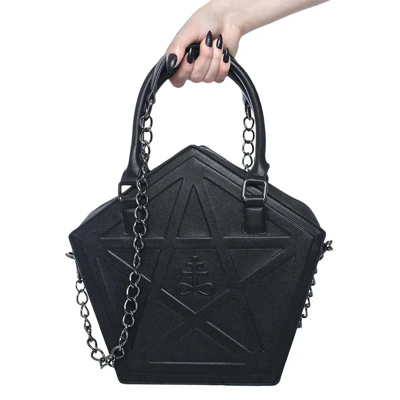 Pentagram Chain Star Punk Soft Gothic Darkness Black Women Leather Handbag