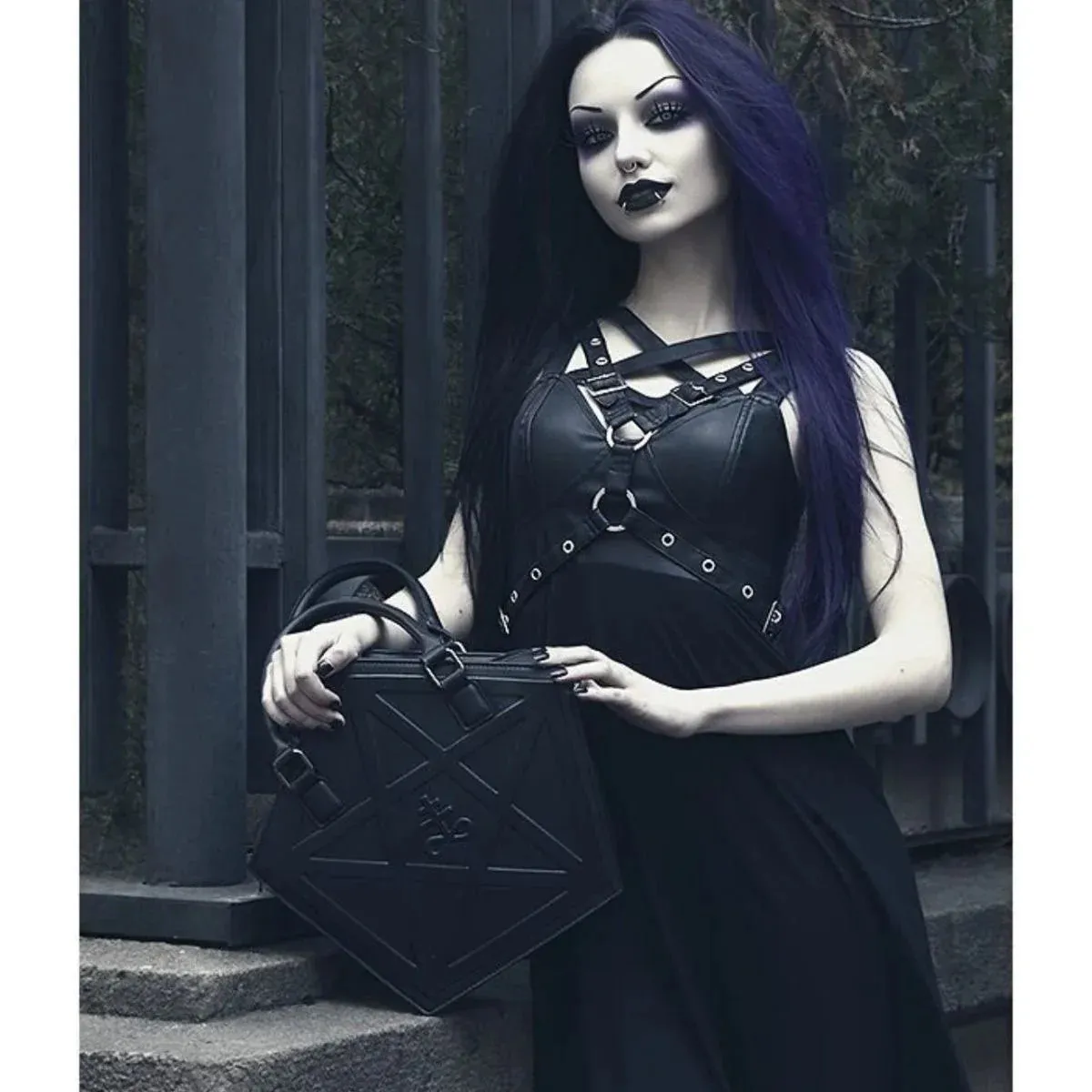 Pentagram Chain Star Punk Soft Gothic Darkness Black Women Leather Handbag