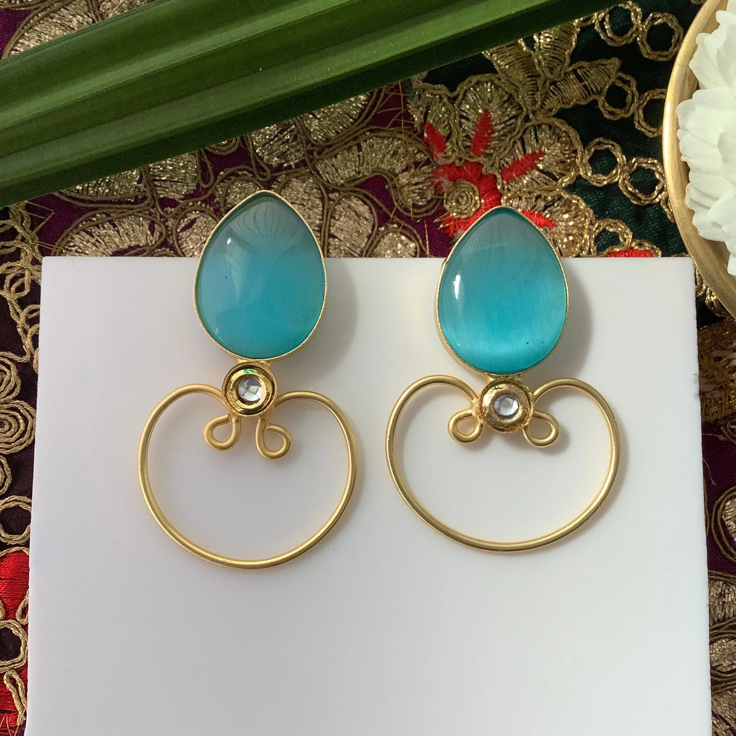 Salvanity Brass Gold - Diya Earrings - Kundan Aqua Blue