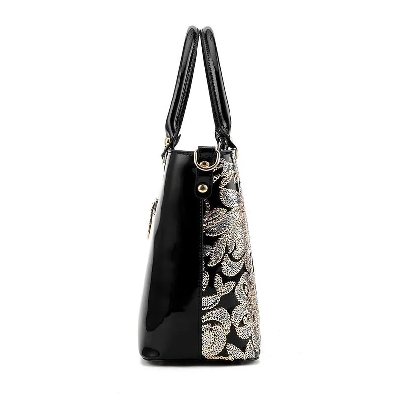 Sequin Embroidery Patent Leather Messenger Bag