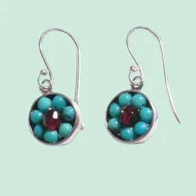 Sterling Silver Earrings, Turquoise Garnets Dangling Earrings  Israeli Jewelry