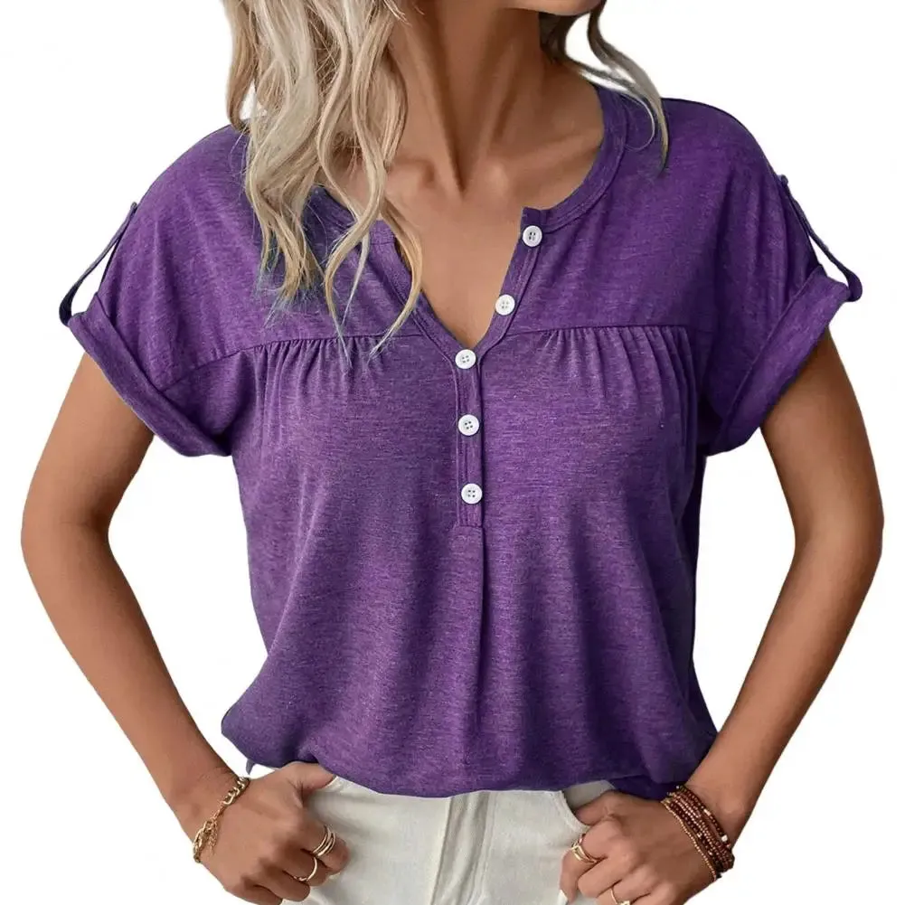 Women T-shirt Ladies V Neck Solid Color Short Sleeve Pullover Blouse