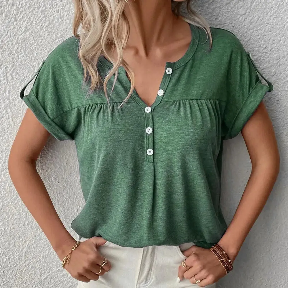 Women T-shirt Ladies V Neck Solid Color Short Sleeve Pullover Blouse