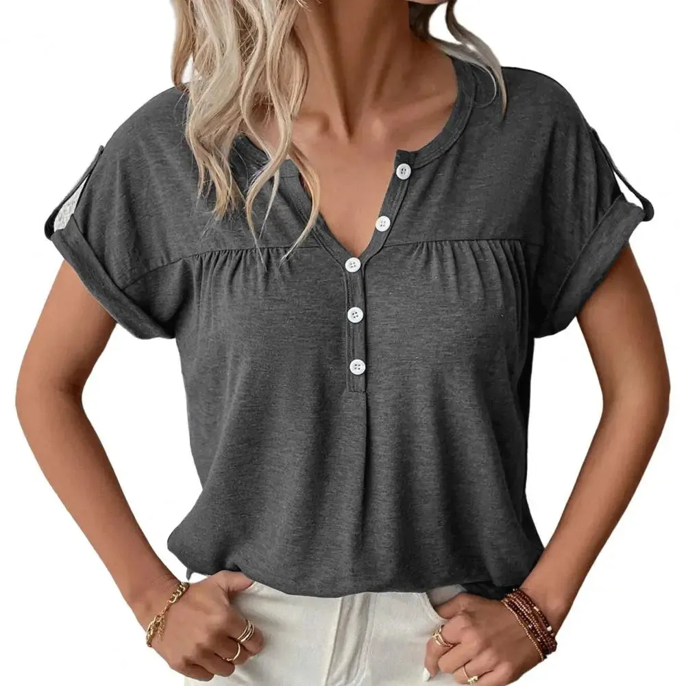 Women T-shirt Ladies V Neck Solid Color Short Sleeve Pullover Blouse