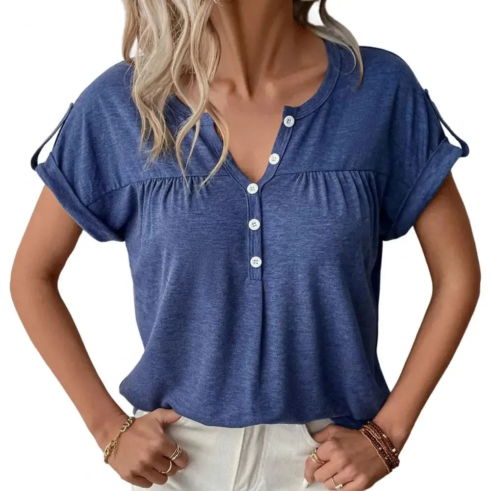 Women T-shirt Ladies V Neck Solid Color Short Sleeve Pullover Blouse