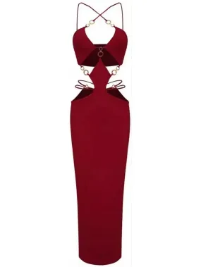 Women’s Cut-Out Gold Ring Detailed Dress, Wine